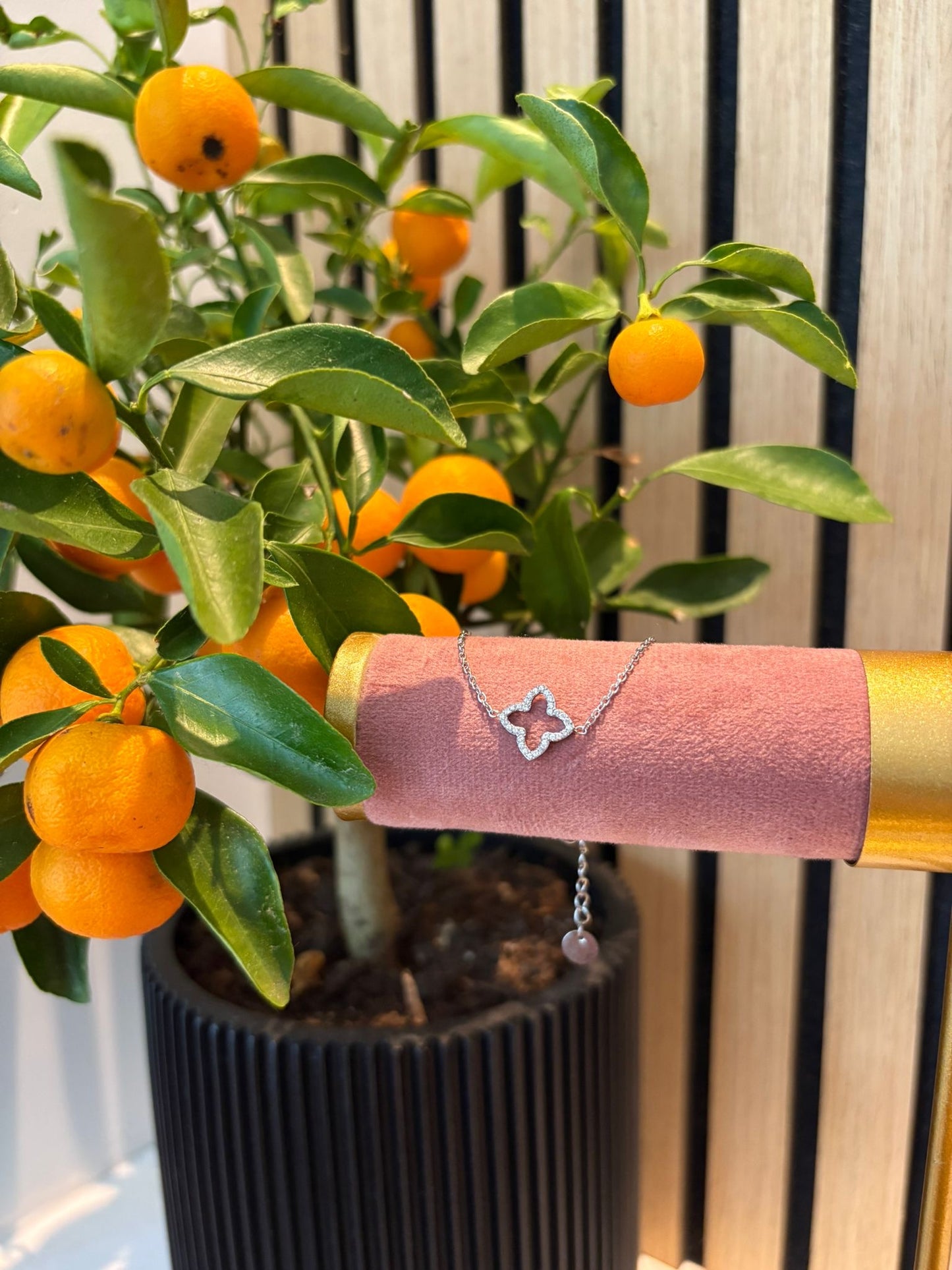 "Shine not sorry" armband – zilverkleurige schakelarmband met klavervormige hanger op een roze fluwelen armbanddisplay