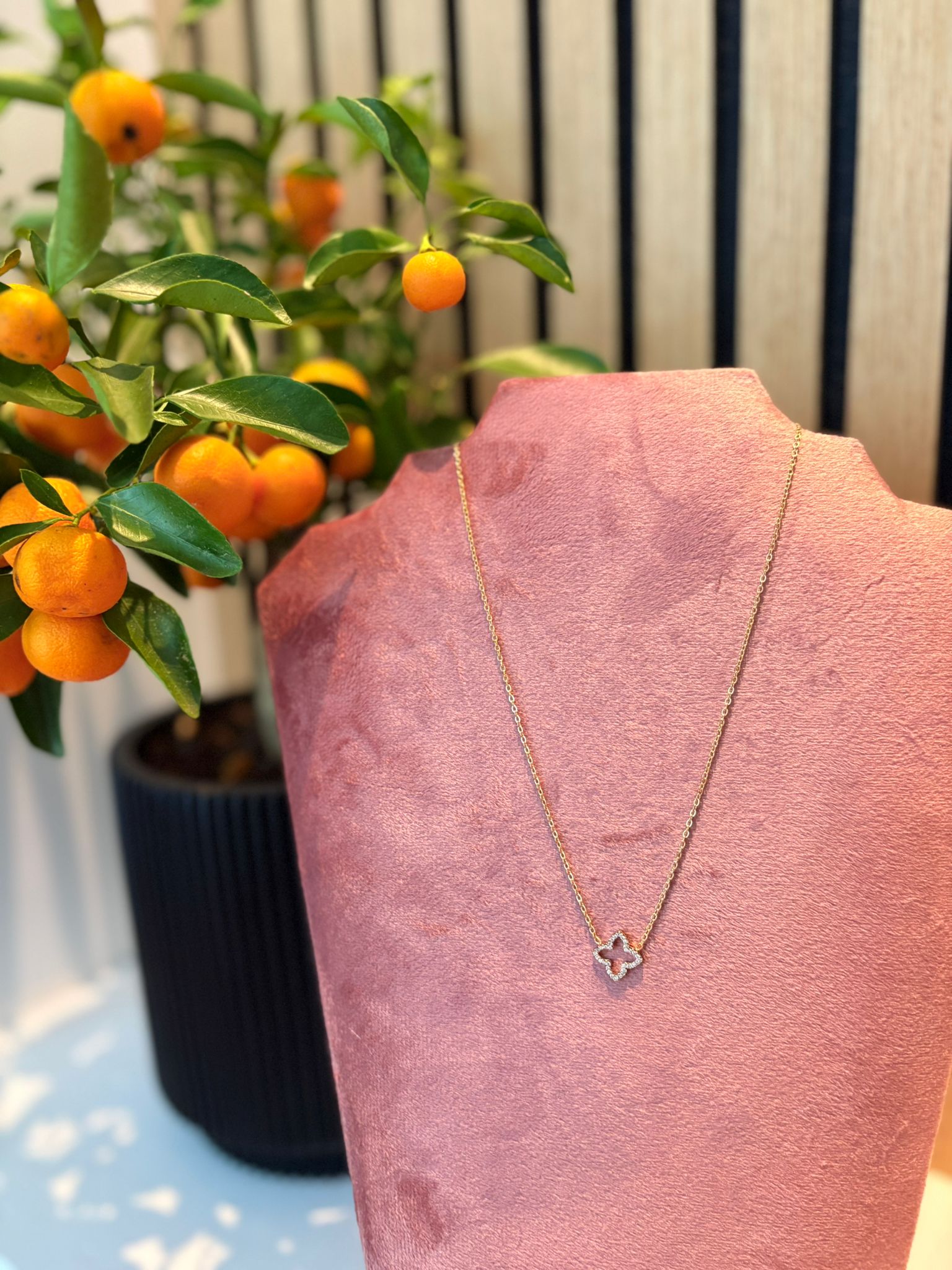 "Shine not sorry" ketting – Goudkleurige schakelketting met klavervormige hanger op een roze fluwelen kettingdisplay