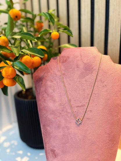 "Shine not sorry" ketting – Goudkleurige schakelketting met klavervormige hanger op een roze fluwelen kettingdisplay