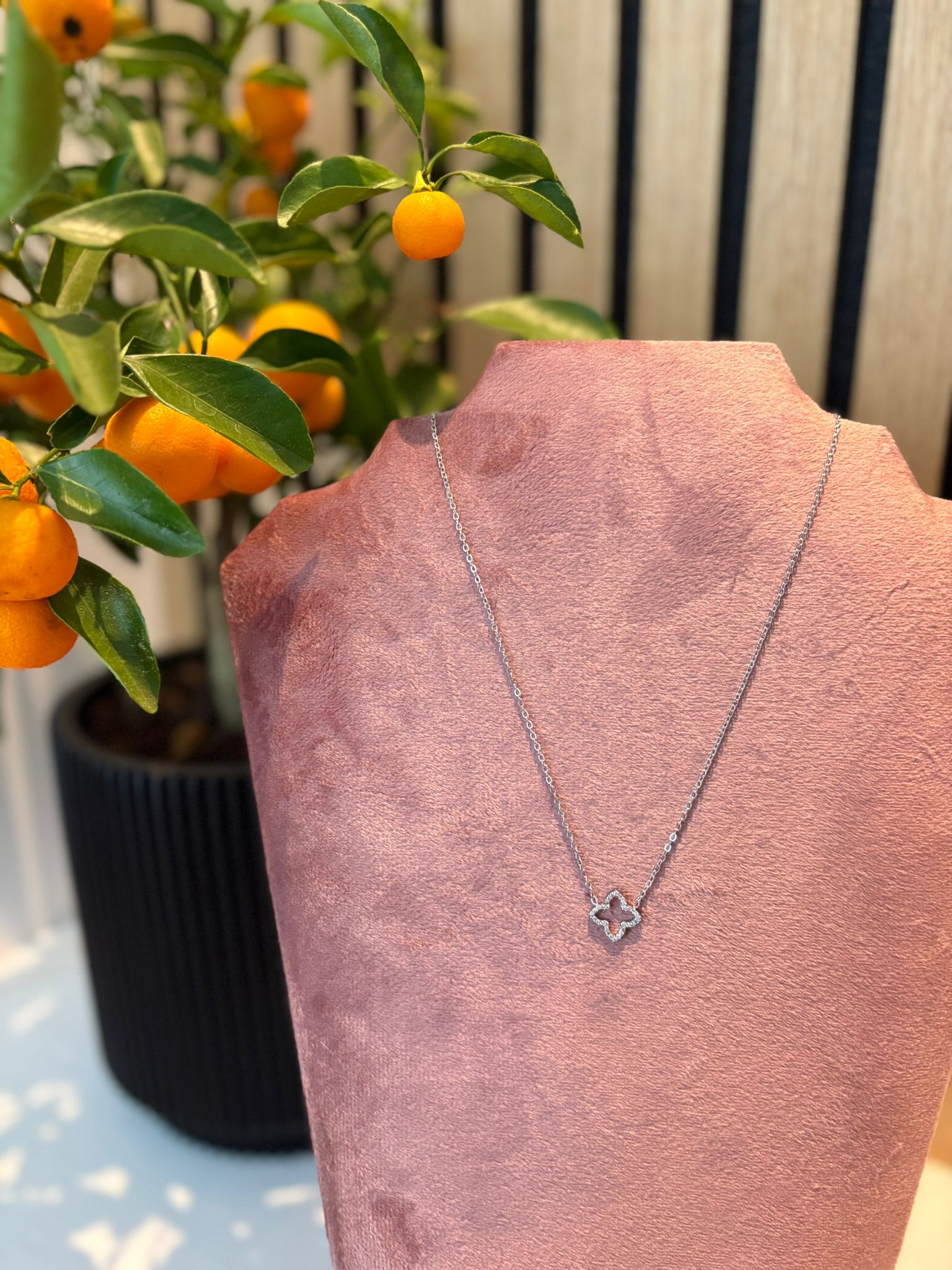 "Shine not sorry" ketting – Zilverkleurige schakelketting met klavervormige hanger op een roze fluwelen kettingdisplay